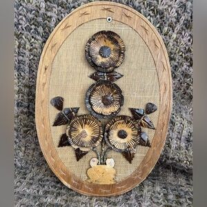 Vintage Coconut Shell Hand Carved Oval Wall Plaque Boho Flower Arrangement